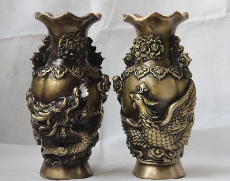 

Chinese Folk Bronze Copper Feng Shui Dragon Phoenix Peony Flower Pot Vase Pair