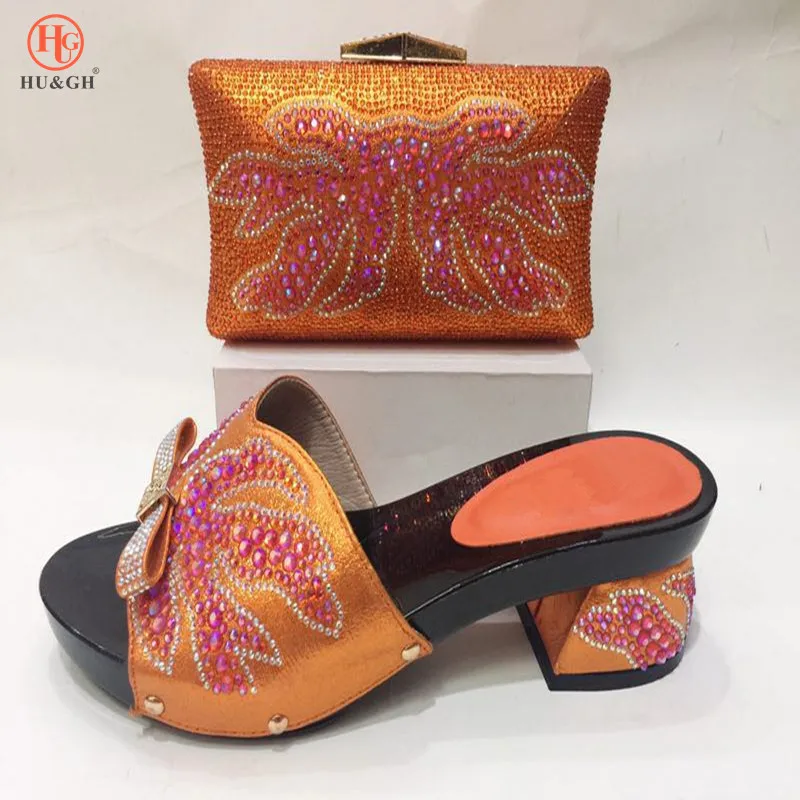 

2018 New Orange Color African Wedding Shoes and Bag Sets Women Party Pumps Decorated with Diamonds Italian Matching Shoe and Bag