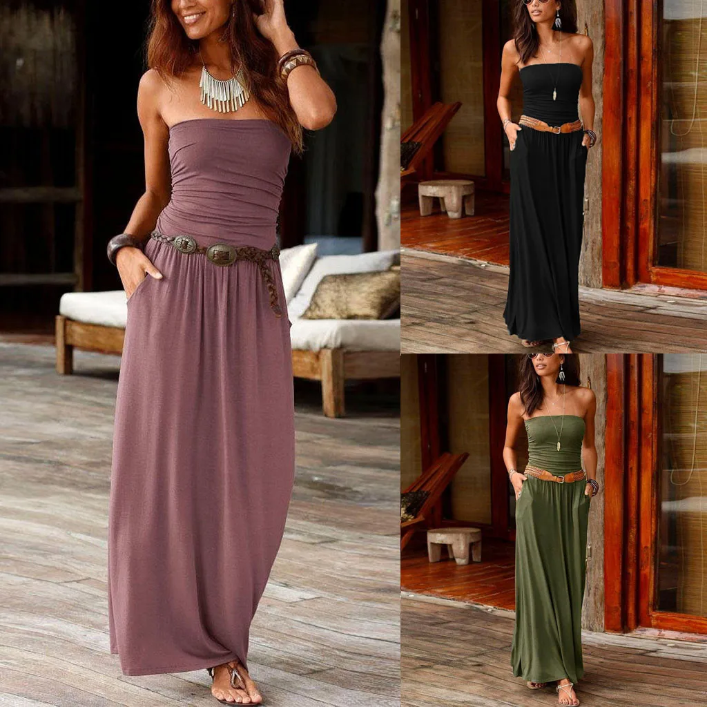 

2019 Womens vestidos verao Bandeau Holiday Off Shoulder Long Dress Ladies Summer Solid Maxi bodycon Dress