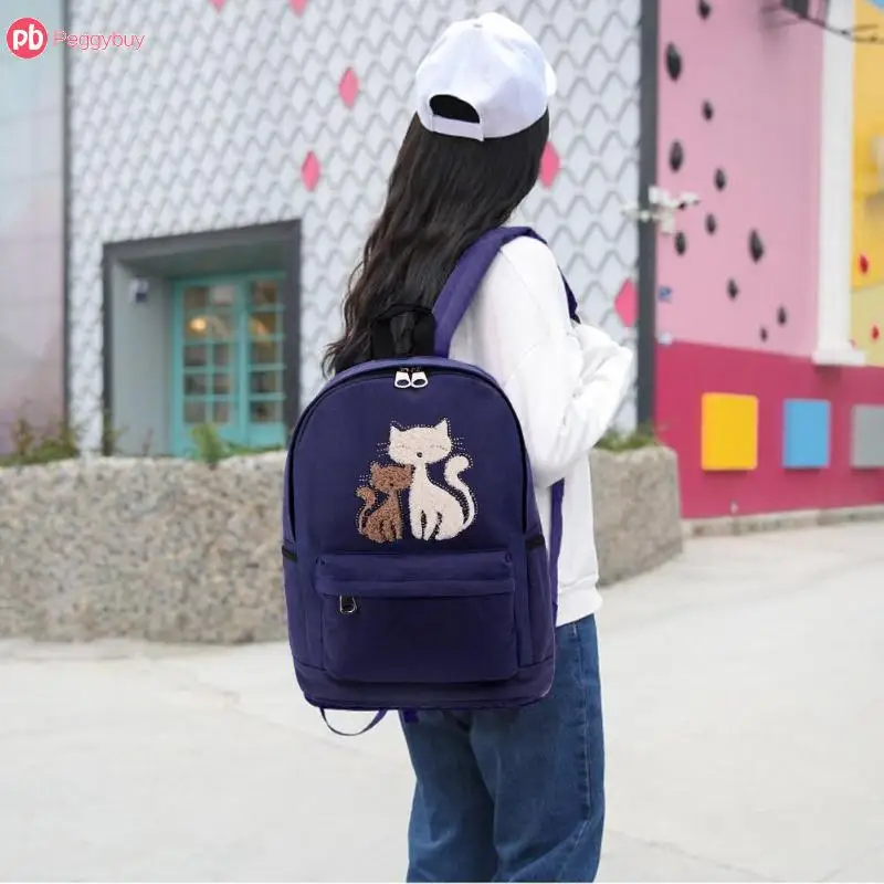 

Fashion Girls Backpack Plush Rhinestone Cat School Bags Casual Zipper Sac A Main Canvas Embroidery Top-Handle Mochila