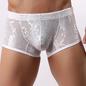 

mid waist panties Men Sexy Lace underwear underpants transparent breathable boxer underwear printing hombre shorts 2Colors M-XL