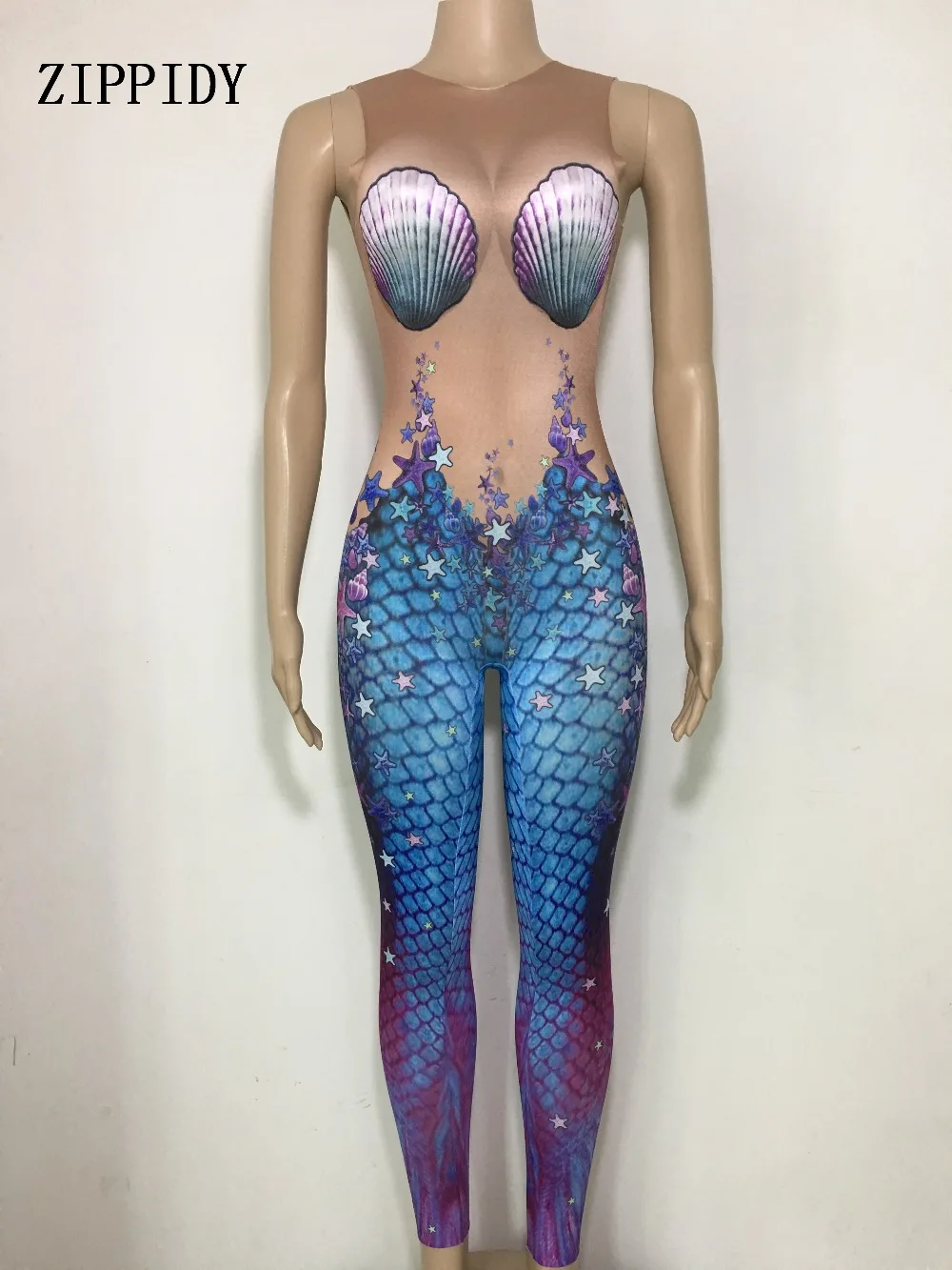 Модное сексуальное голубое боди «Русалочка» без рукавов большого стрейчевого боди с имитацией обнаженного тела сценический наряд