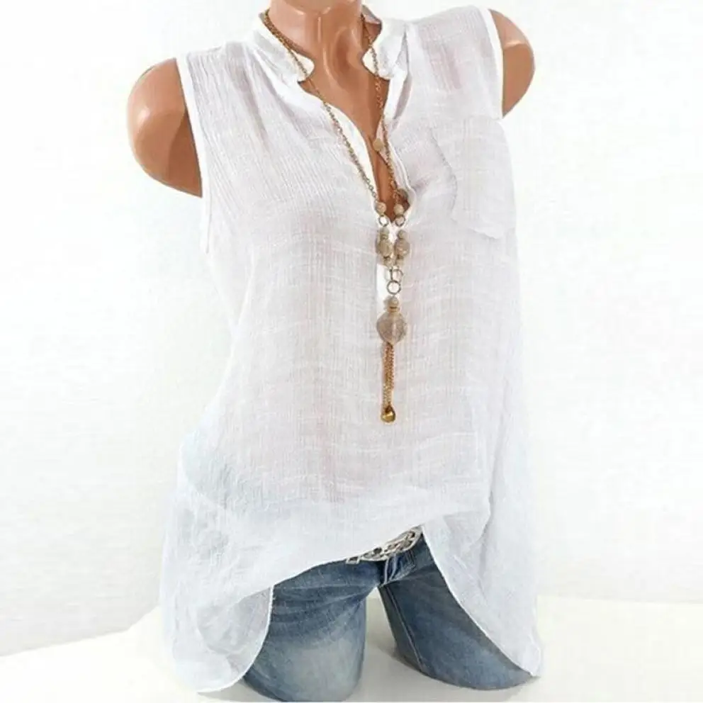 Buy Women Summer Sleeveless Linen Tulle Gauze Pocket