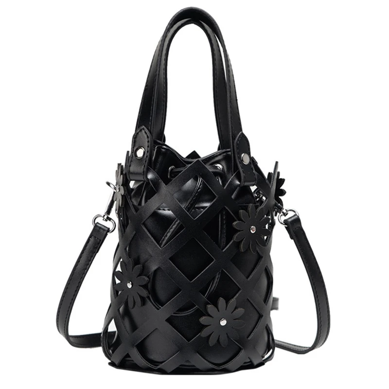 

Rhombus Design Ladies Handbag Pu Leather Summer Beach Bag Hollow Bucket Bag Holiday Ladies Handbag