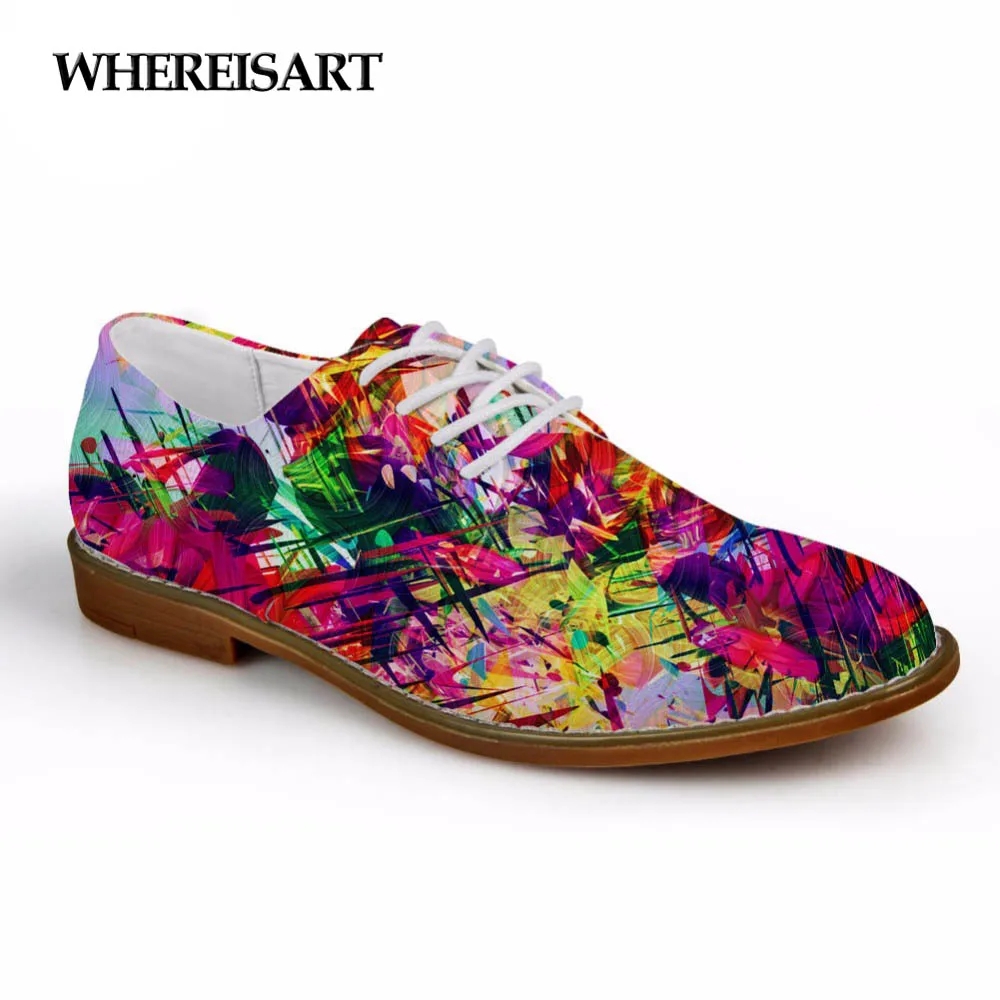 

WHEREISART 2019 Fashion Women Leather Dress Shoes 3D Mixed Color Printed Women Casual Oxfords Shoes Female Flats Spring Shoe Man