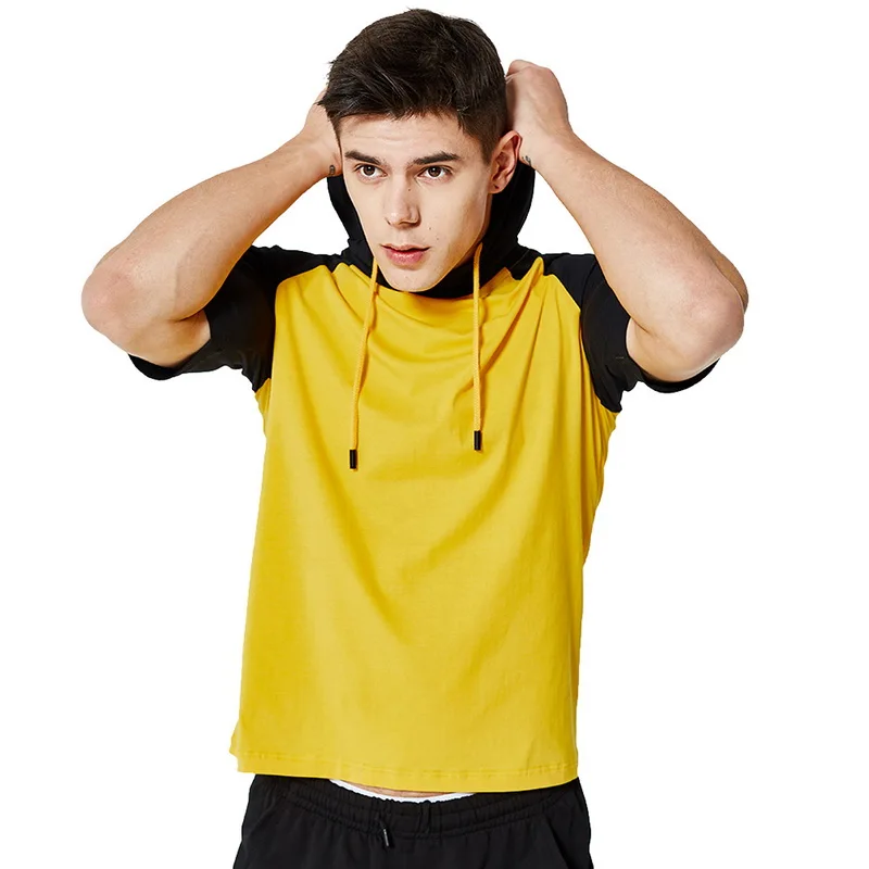 

WENYUJH Summer Men Casual T-Shirts Solid Patchwork Hooded Tops T Shirt Male Short Sleeve Streetwear Hoodies Tracksuit Tshirt
