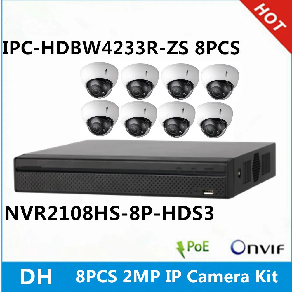 

DH Camera System 8pcs 2MP IPC-HDBW4233R-ZS 2.7-13.5mm zoom lens ip camera & NVR2108HS-8P-HDS3 8ch with 8poe Ports support p2p