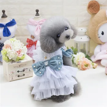 

Europe and the United States dog aristocrat denim skirt VIP bow dress for dog pet clothing supplies have two color are available
