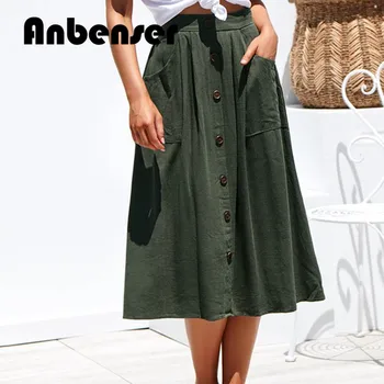 

Anbenser Women Skirt Long Cotton A-Line Midi Skirt For Women For Summer Knee-Length Elegant Button High Waist Skirt Female Skirt