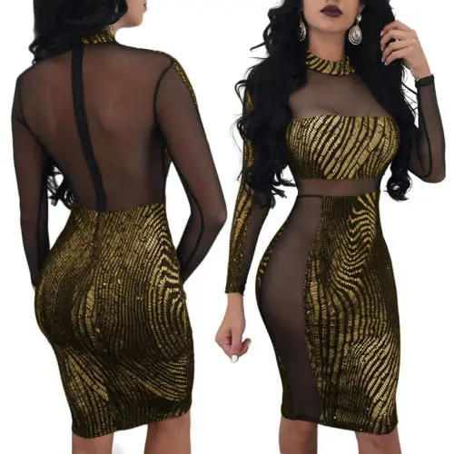 2018 New Womens Bandage Bodycon Sheer Sequins Lace Long Sleeve High Waist Gold Print Evening Party Sexy Club Short Mini Dress Dresses