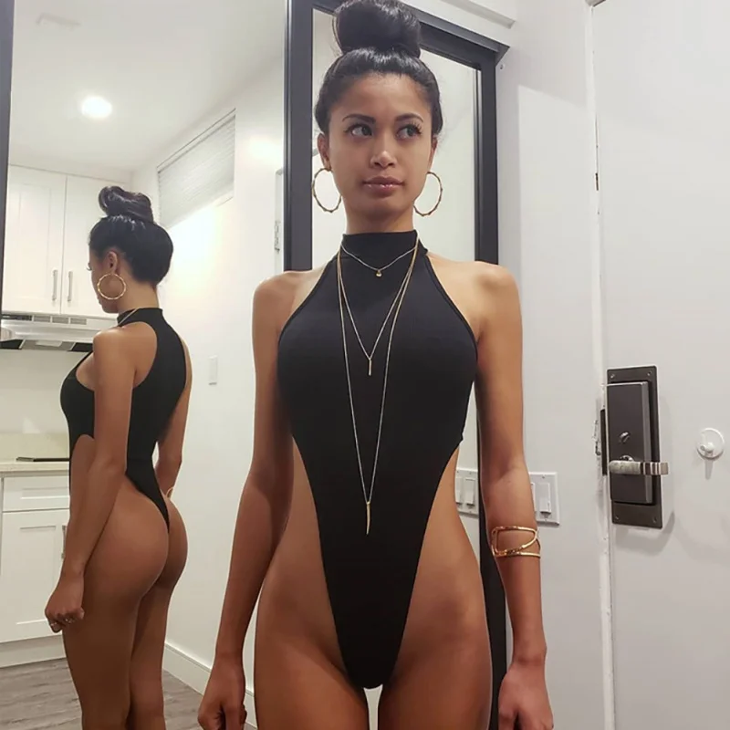 

2019 Sexy Ribbed Solid Color Halter Bodysuit Skinny Summer Romper Bodysuit Women Casual Sleeveless Body Rompers Female