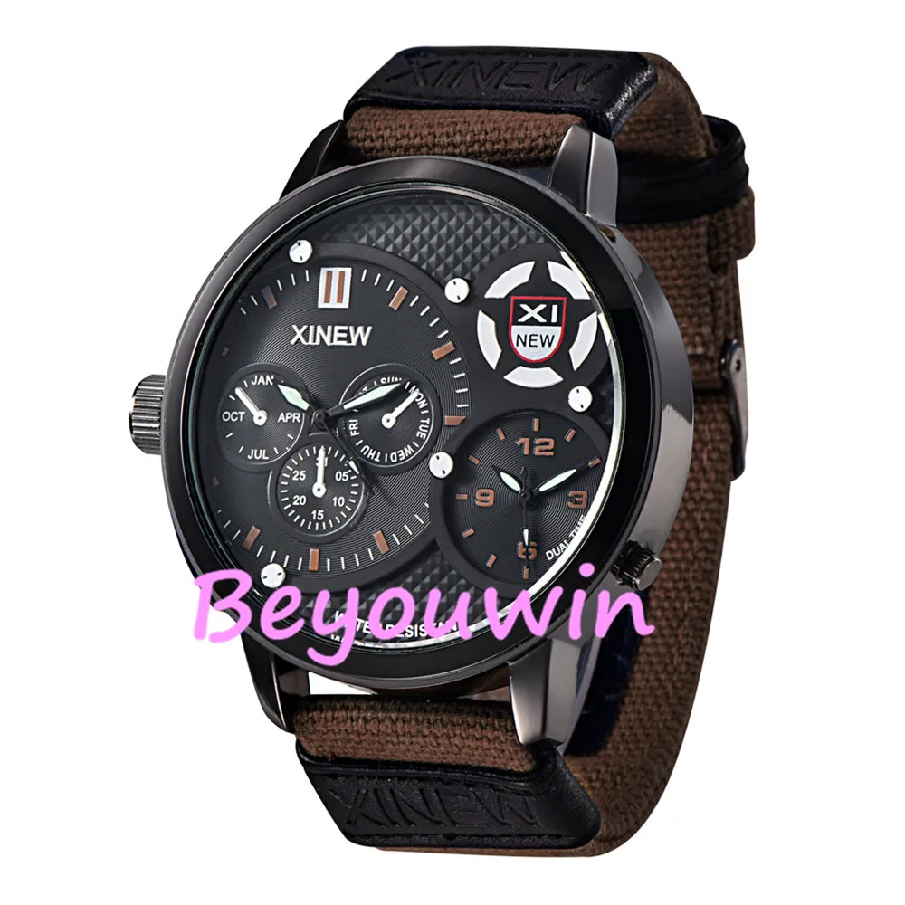 dark brown 50 шт./лот XINEW-5916 модные очаровательные человек спорт нейлон кварцевые часы наручные часы для активного отдыха двойное движение повседневные часы - Цвет: dark brown