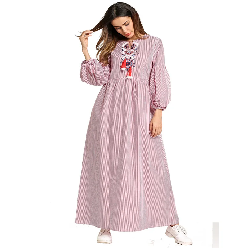 2018 abaya платье повседневное мусульманское 4/5 рукав женское Полосатое Макси