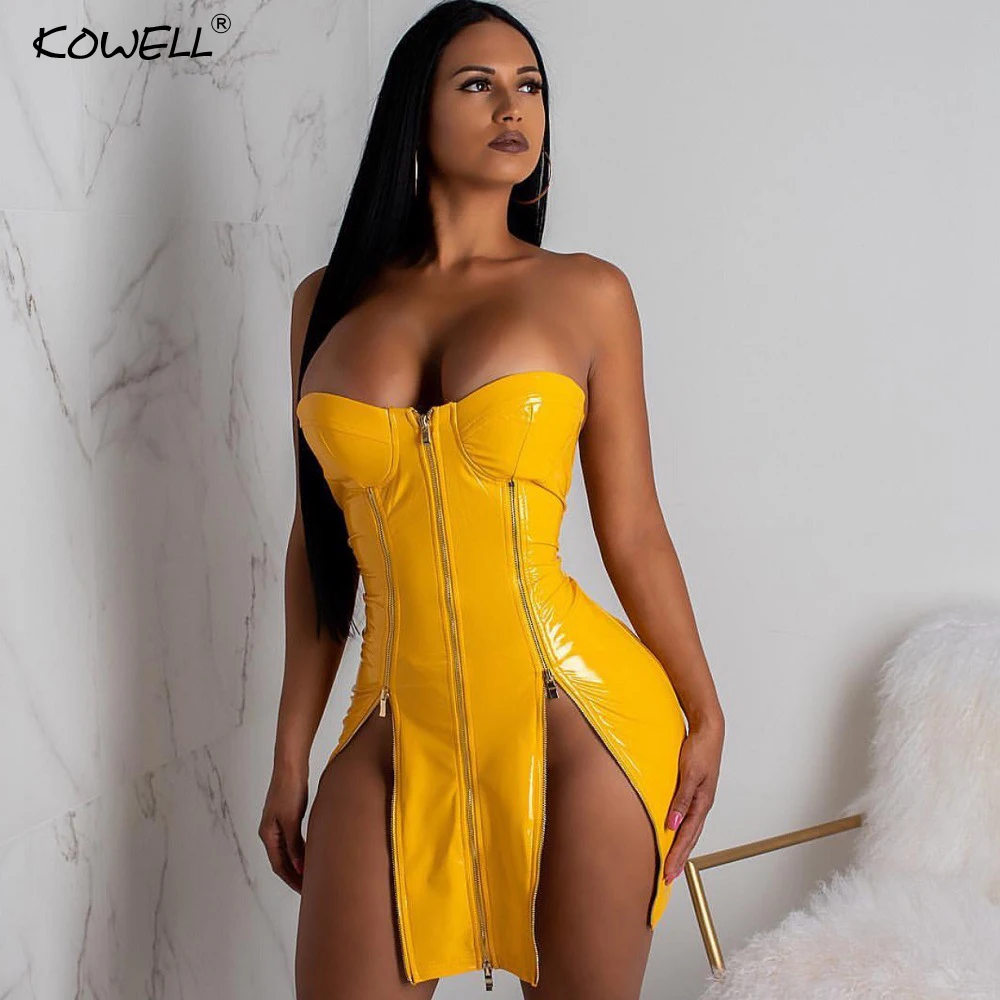 Hot sale PU leather sexy off shoulder mini dress Women strapless zippers split bodycon dress