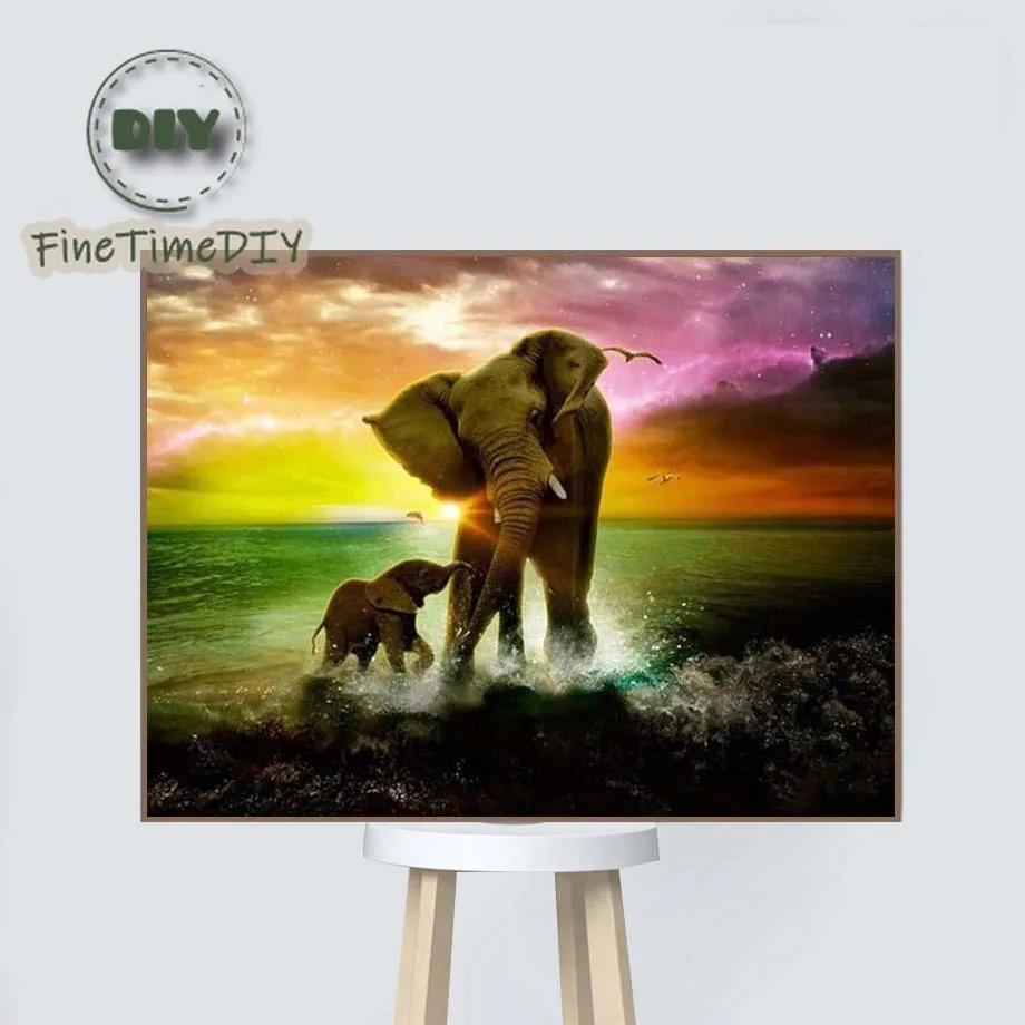 

FineTime Full Drill 5D DIY Diamond Painting Elephant family 3D Embroidery set Cross Stitch Decor gift
