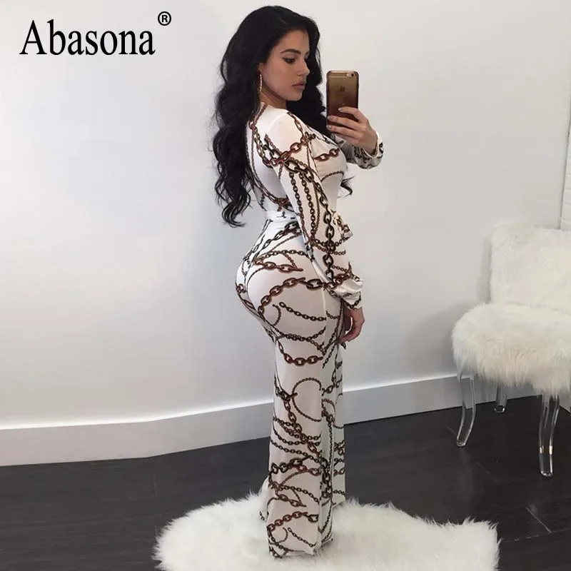 Absaona Women Rompers Jumpsuits Chain Printed Vintage Wide Leg Jumpsuit Bow Sashes Women Overalls Long Sleeve Party Club Pants