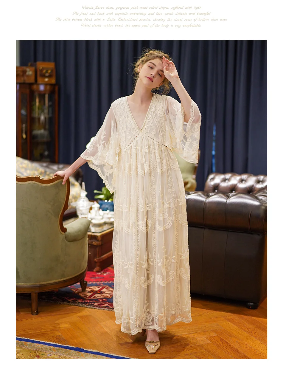 Spring Summer Women Elegant Casual Loose Exquisite Embroidery Lace Rice White Maxi Dress Vintage Mori Girls Long Mesh Dresses