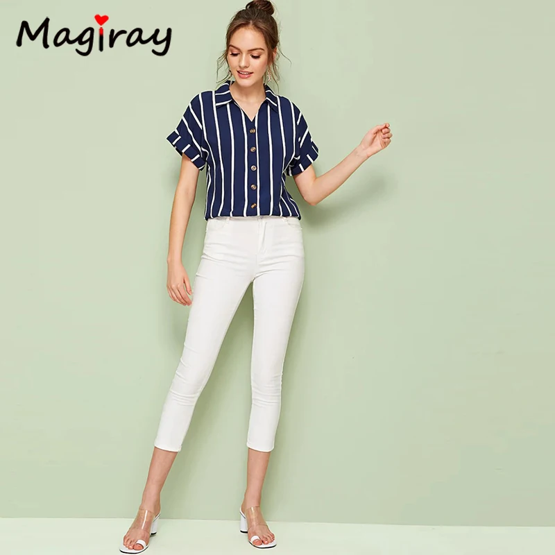  Magriay White Blue Striped Blouses Women Button Collared Batwing Sleeve Korean Elegant Chic Casual 