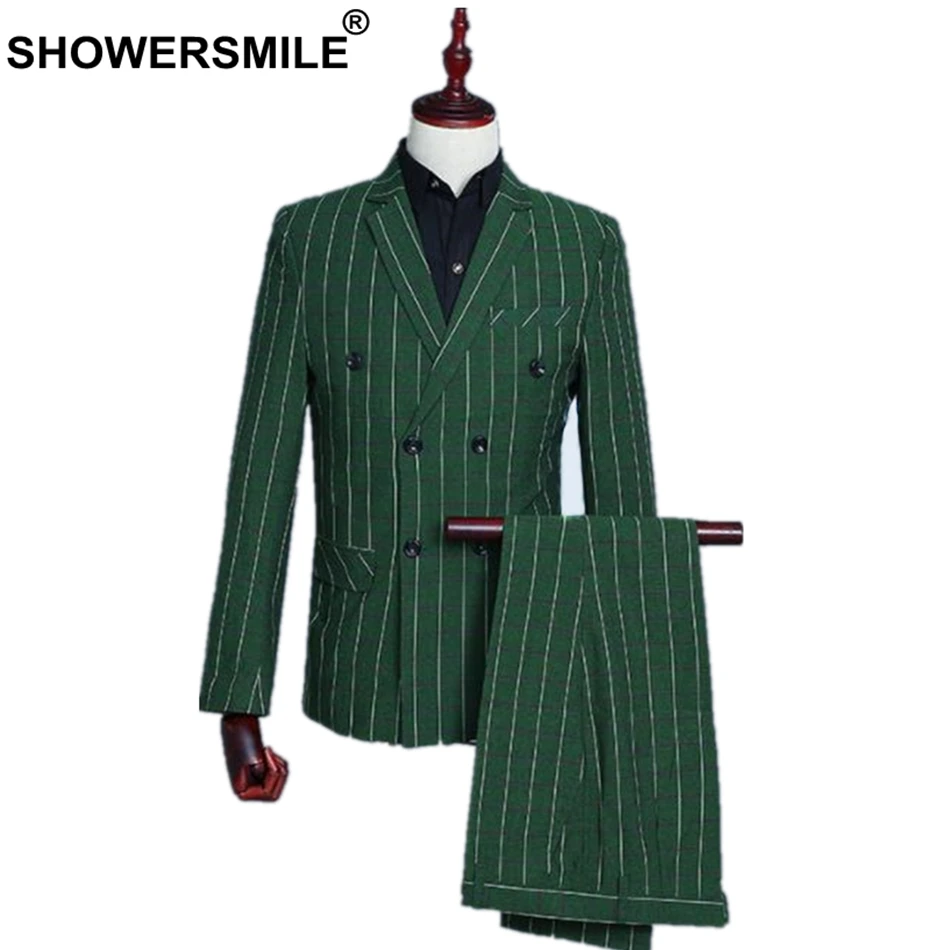 

SHOWERSMILE Men Slim Fit Suits Green Striped Suit Jacket British Style Double Breasted Blazer Men Stage Costumes For Singers