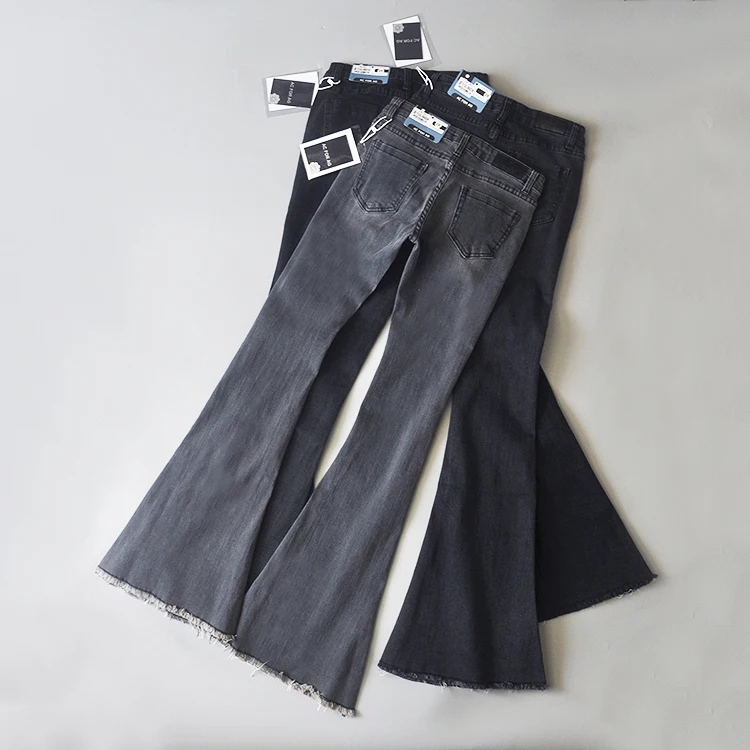 Calças de Brim para Mulheres 2020 do Vintage de Cintura Baixa Incendiar Elásticas Estilo Retro Fundo Sino Magro Calça Jeans Feminina Azul Escuro Denim Perna Larga Calças 35 Elásticas calças de Brim Das Mulheres Estilo