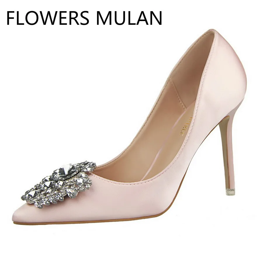 

2019 Star Style Sexy Pointed Toe Women Pumps Crystal Solid Silk Shallow High Heels Shoes Women's Wedding Shoes