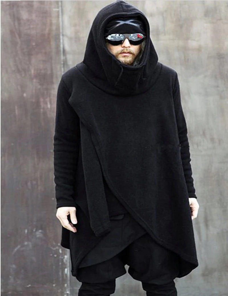 Men's Turtleneck Irregular Asymmetrical Hoodies Fashion Warm Soft Fleece Casual Long Hooded 