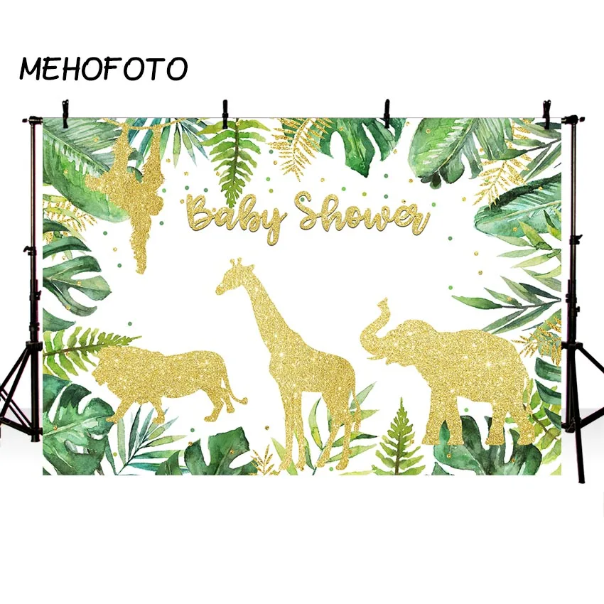 

Gold Safari Baby Shower Gold Animal Watercolor Jungle Leaves Photography Backdrop Baby Shower Party Decorations Background
