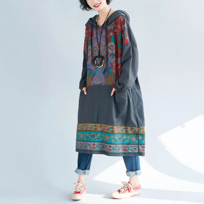 

Autumn National Style Long Dress Retro Plus Size Personalized Print Casual Hooded Sweatshirt Pregnancy Clothes Maternity Robe