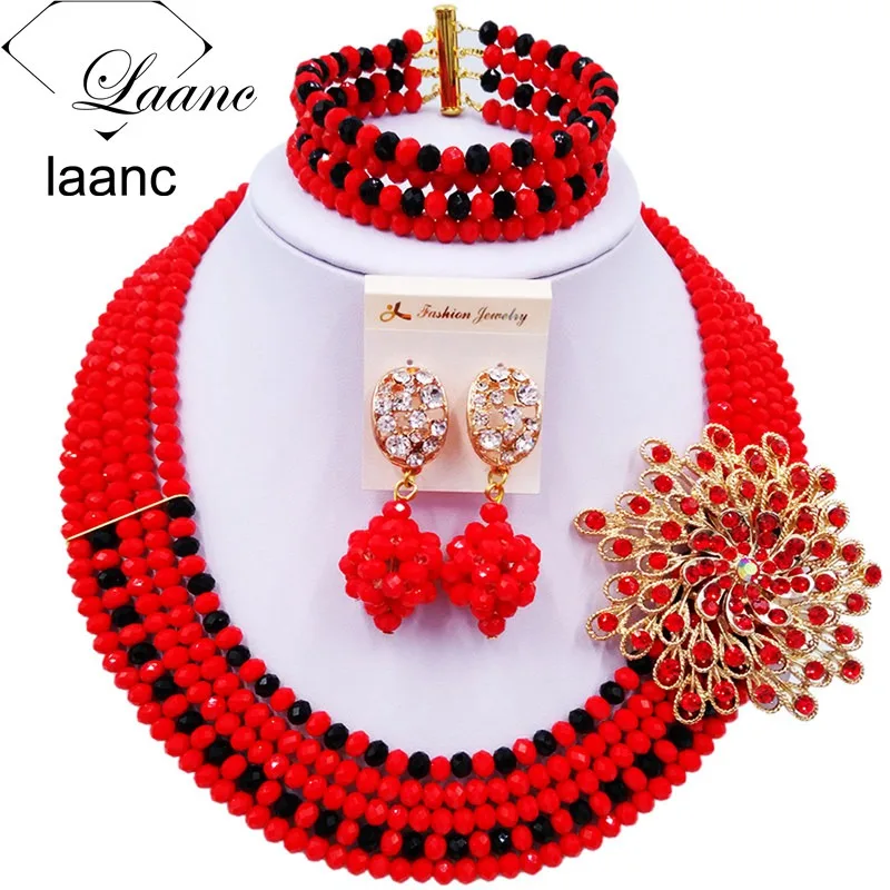 

Laanc Latest Red and BlackNigerian Wedding African Beads Jewelry Set Crystal Necklace and Earrings C5RST021