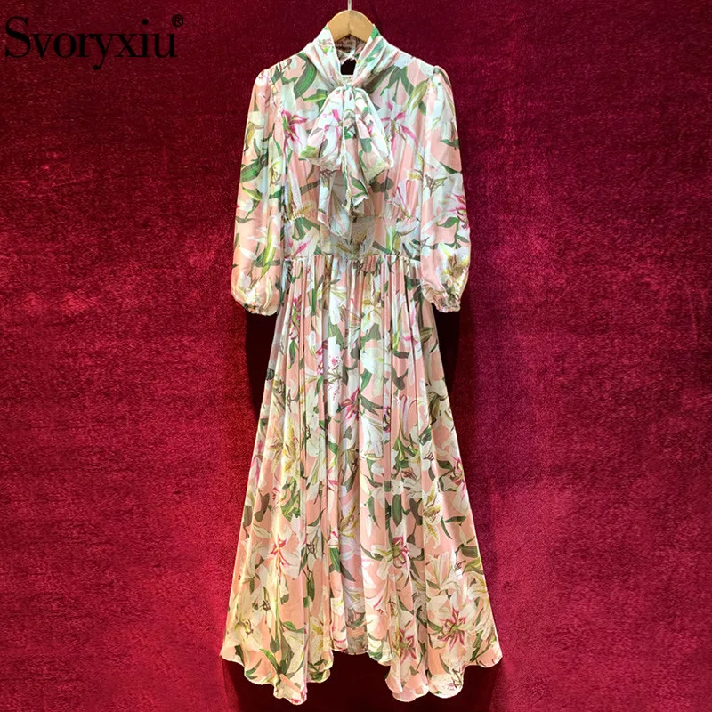 

Svoryxiu Runway Designer Autumn lily Flower Print Lace Maxi Dress Women's Lantern Sleeve Bow Collar Elegant Party Long Dresses