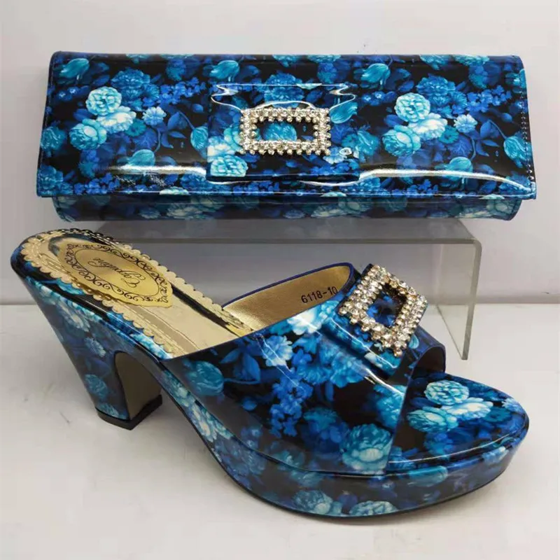 Capputine, итальянский дизайн, PU искусственная кожа, стразы, туфли-лодочки, комплект из обуви и сумки для свадьбы, нигерийский Женский комплект из обуви и сумки BL135C - Цвет: Синий
