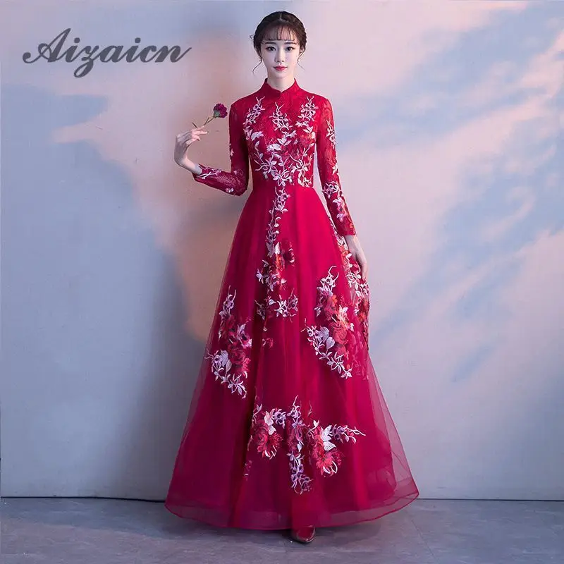 Длинное китайское Восточное вечернее платье Cheongsam с вышивкой элегантные платья