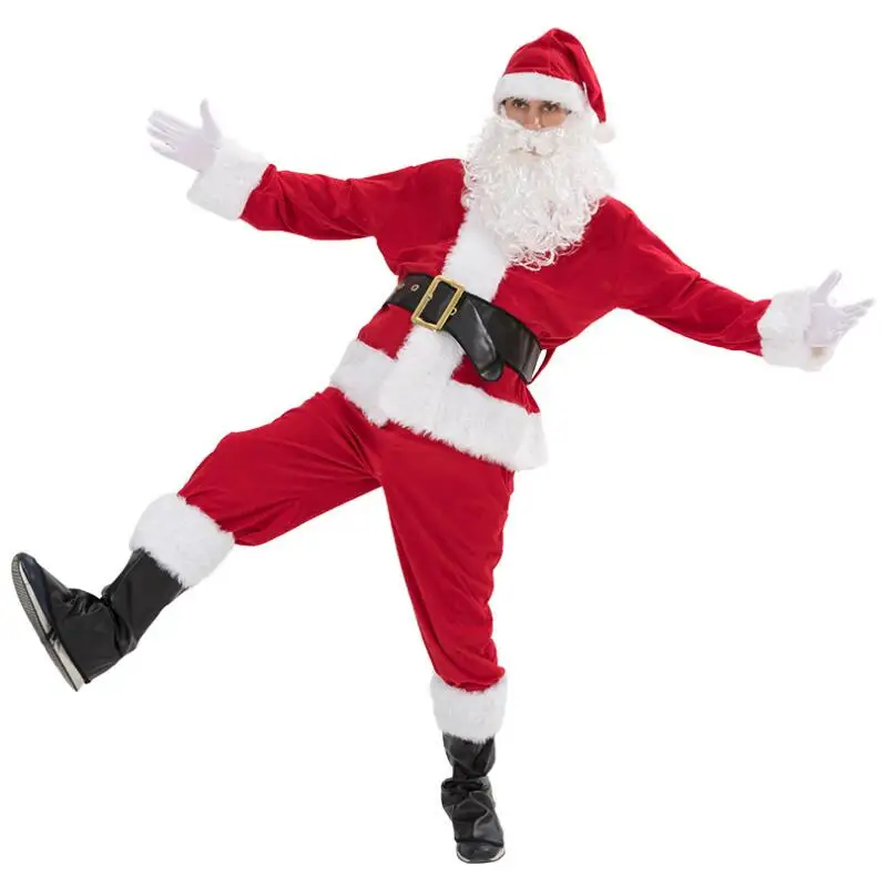 Взрослый костюм Санта-Клауса плюшевая одежда для папы Рождественский косплей реквизит с пальто брюки борода пояс шляпа перчатки Рождественский комплект