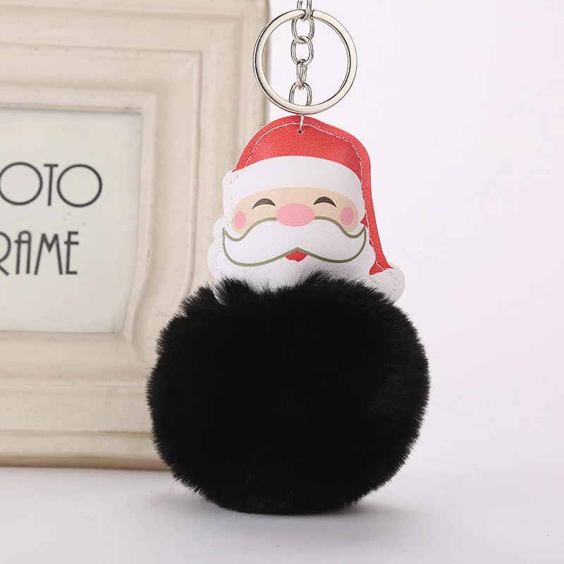 Пушистый Санта брелоки с изображением Клауса для крышки ключа помпон искусственный мех кролика мяч подарок папы на Рождество брелок держатель кулон аксессуары - Цвет: Black