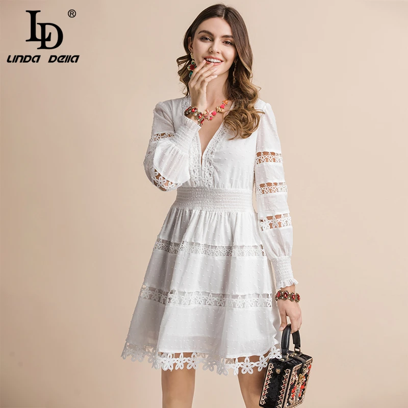 

LD LINDA DELLA Autumn Fashion Runway Casual White Dress Women's Long Sleeve V Neck Elastic Waist Hollow out Elegant Dress