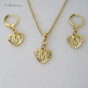 FoRomance- HIGH QUALITY GOLD GP OVERLAY 26 LETTERS FROM A TO Z HEART LINE CARVED PENDANT 18″ WATER WAVE NECKLACE EARRING SET