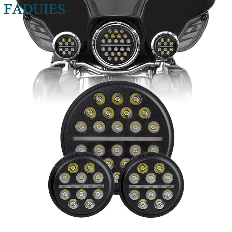 

FADUIES 1set 7" LED Projection Headlight with DRL + 4-1/2" 30W LED Auxiliary Fog For Harley Motorcycles Touring Trike