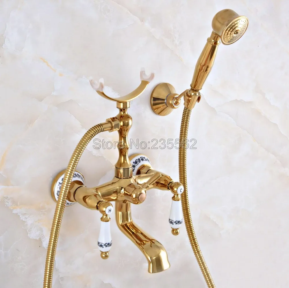 

Luxury Gold Color Brass Bath Shower Faucet Set Dual Knobs Wall Mounted Bathtub Mixers with Handshower Swive Tub Spout lna907