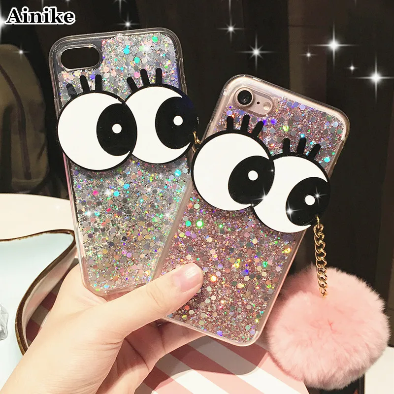 

Ainike Big Eye Soft Warm Furry Ball Tassel Cover Metal Ring Bling Powder Phone Back Case For iPhone X 6s Plus 7Plus 8 XR XS Max