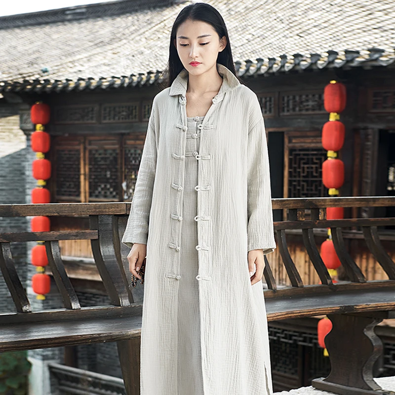 

Johnature Women Vintage Trench Coat Double Cotton Linen 2019 Autumn Winter New Button Chinese Style Long Sleeve Women Trench
