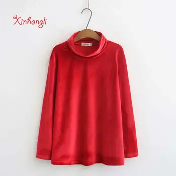 

Plus size Turtleneck long sleeve women pleuche blouse 2020 NEW spring autumn casual ladies solid red shirts pull tops female