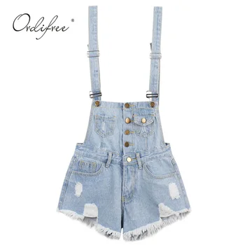 

Ordifree 2019 Summer Denim Playsuits Jumpsuit Cotton Strap Rompers Casual Overalls Shorts Ripped Female Jeans Playsuits