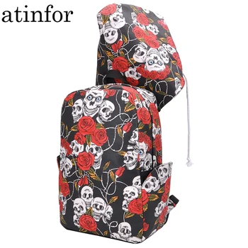 

atinfor Brand Skull Patterns Hooded Backpack Rose Printing Men Laptop Daypack College Bookbags