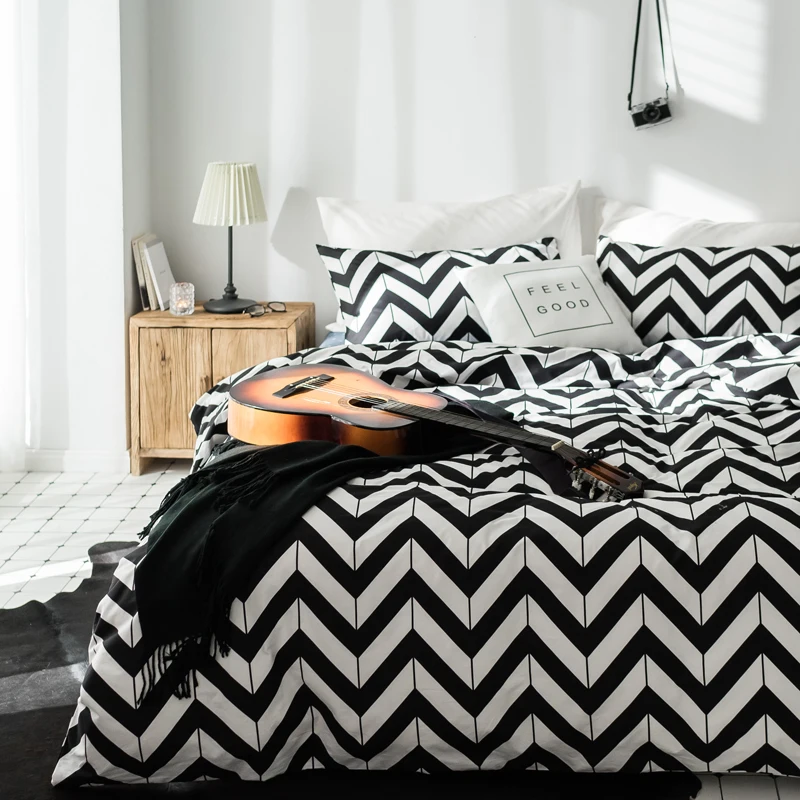 2018 Black White Waves Stripes Bedding Set Cotton Fabric 3 4pcs