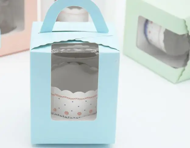 

100pcs/lot Cupcake boxes with window with handle macaroon box/muffin box