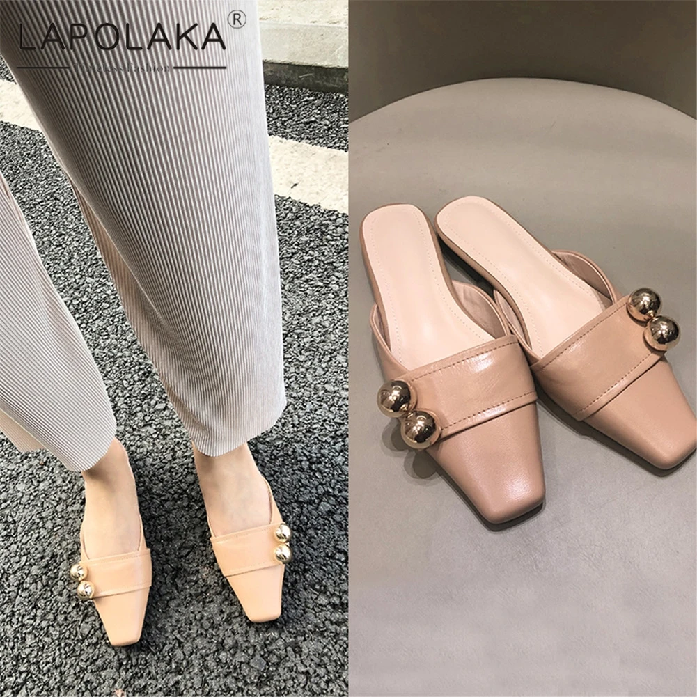 

Lapolaka Brand Design Big Size 34-43 Metal Decoration women's Genuine Leather Shoes Woman Casual Outside Summer Slippers