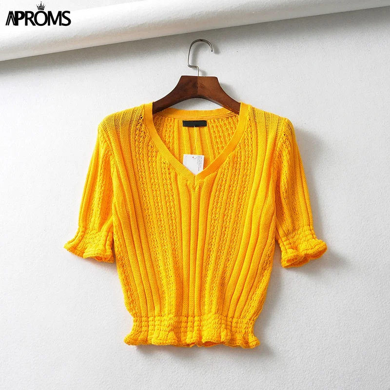 Aproms Elegant V Neck Knitted Elastic Shirts Women Ruffles Short Sleeve Cropped Blouse Female Bodycon Tops 2019