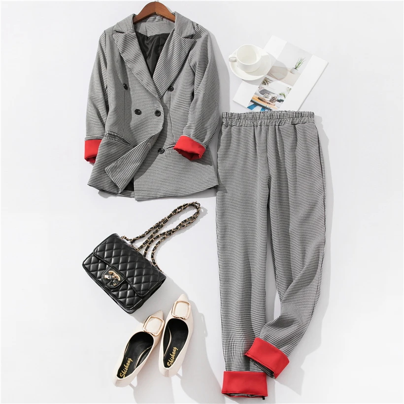 Pants suit women 2019 Office Outfits patchwork Cuffed Sleeve Plaid Blazer Jacket & Trousers Suits Women 2 Piece Set Women's suit