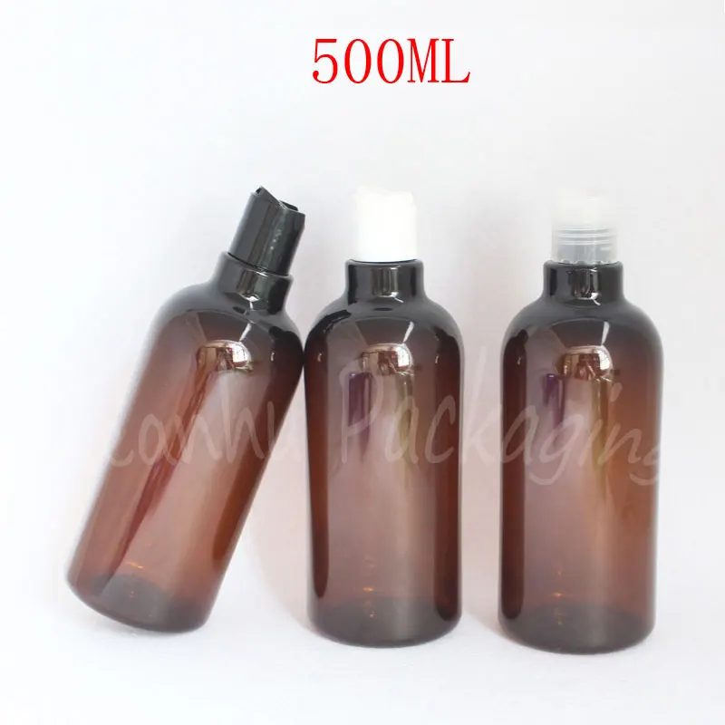 

500ML Brown Plastic Bottle Disc Top Cap , 500CC Shampoo / Lotion Packaging Bottle , Empty Cosmetic Container ( 14 PC/Lot )