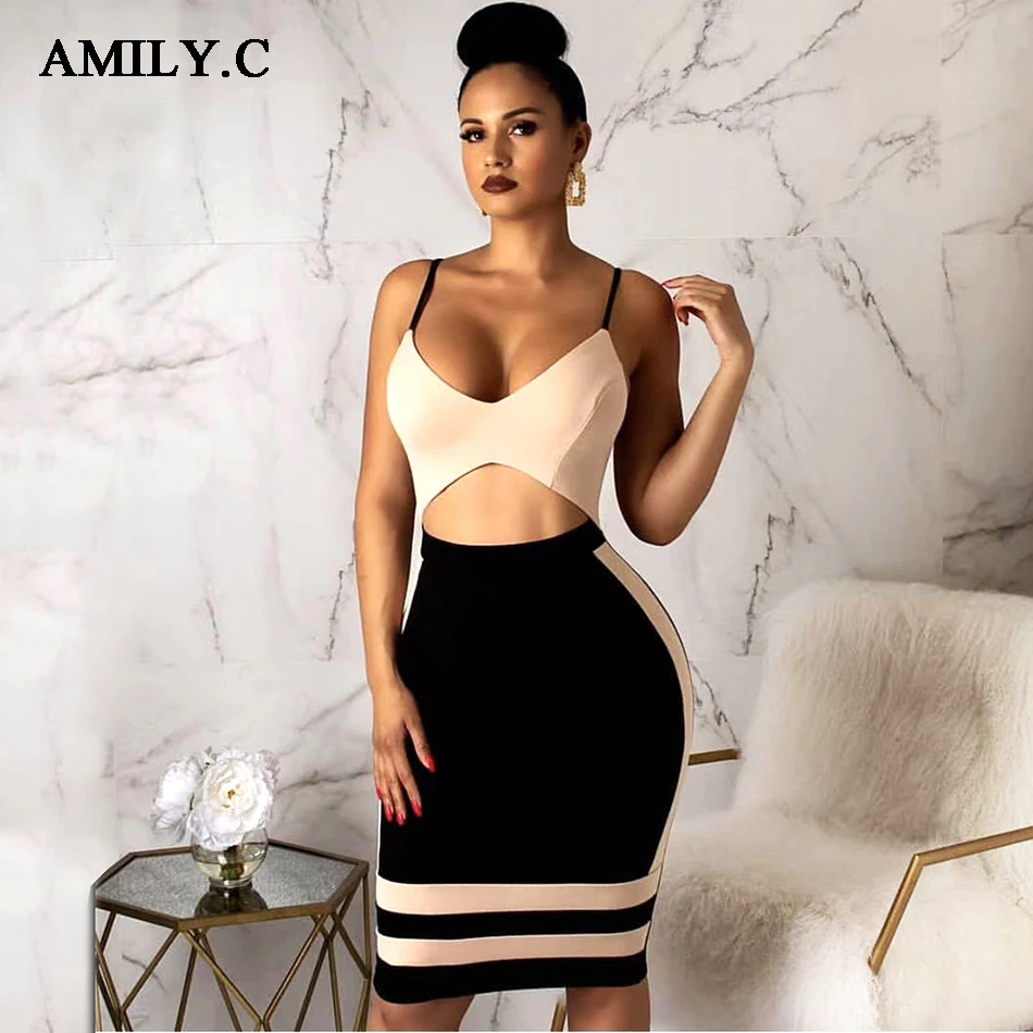 Amily. c новые летние Для женщин облегающее Бандажное платье Vestidos телесного цвета в полоску Спагетти ремень платье с вырезом сексуальные вечерние платья